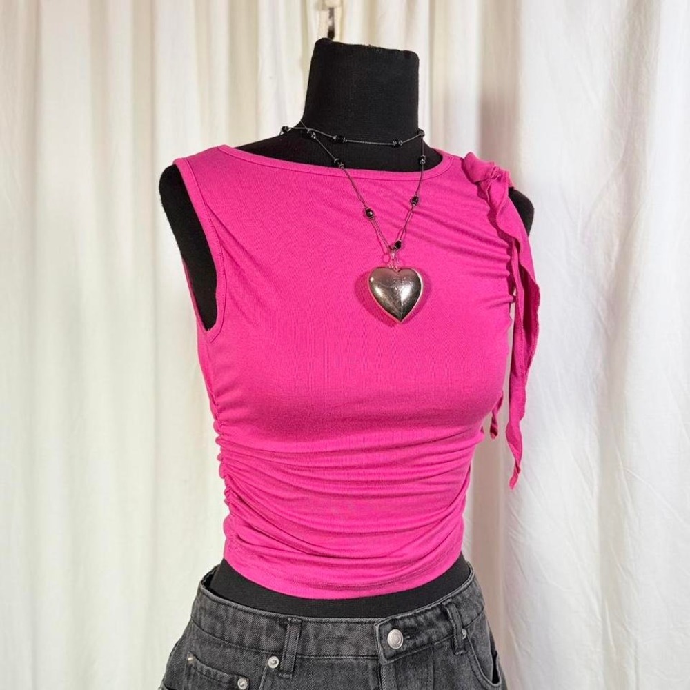 XS Pink Ruched Asymmetrical Tank Top‎